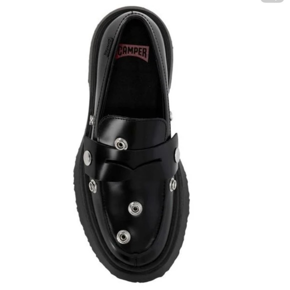 Camper Black Calfskin Leather Loafers with Silver Studs & Removable Strap! NWT - Picture 2 of 6